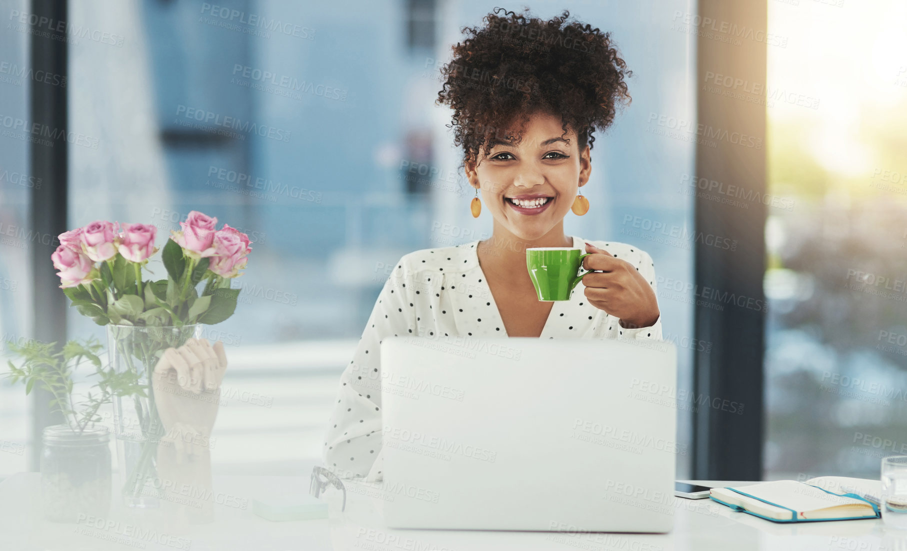 Buy stock photo Office, coffee cup and businesswoman in portrait with laptop, career and productivity for professional writer. Workplace, digital and connection with journalist for article angle, research and tea