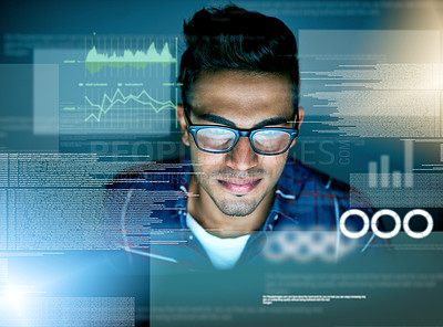 Buy stock photo Stats, overlay and a man with data for coding, programming or cloud computing at night in an office. Business, dark and a programmer with a network of charts and graphs to design an online system