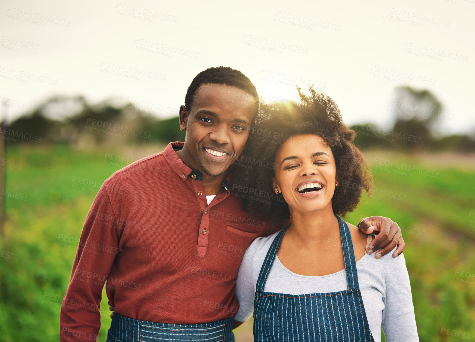 Buy stock photo African couple, portrait and happy farmer at field for agriculture, plant and food production. Face, man and funny woman at farm in countryside for agro, gardening or partner laugh together in nature