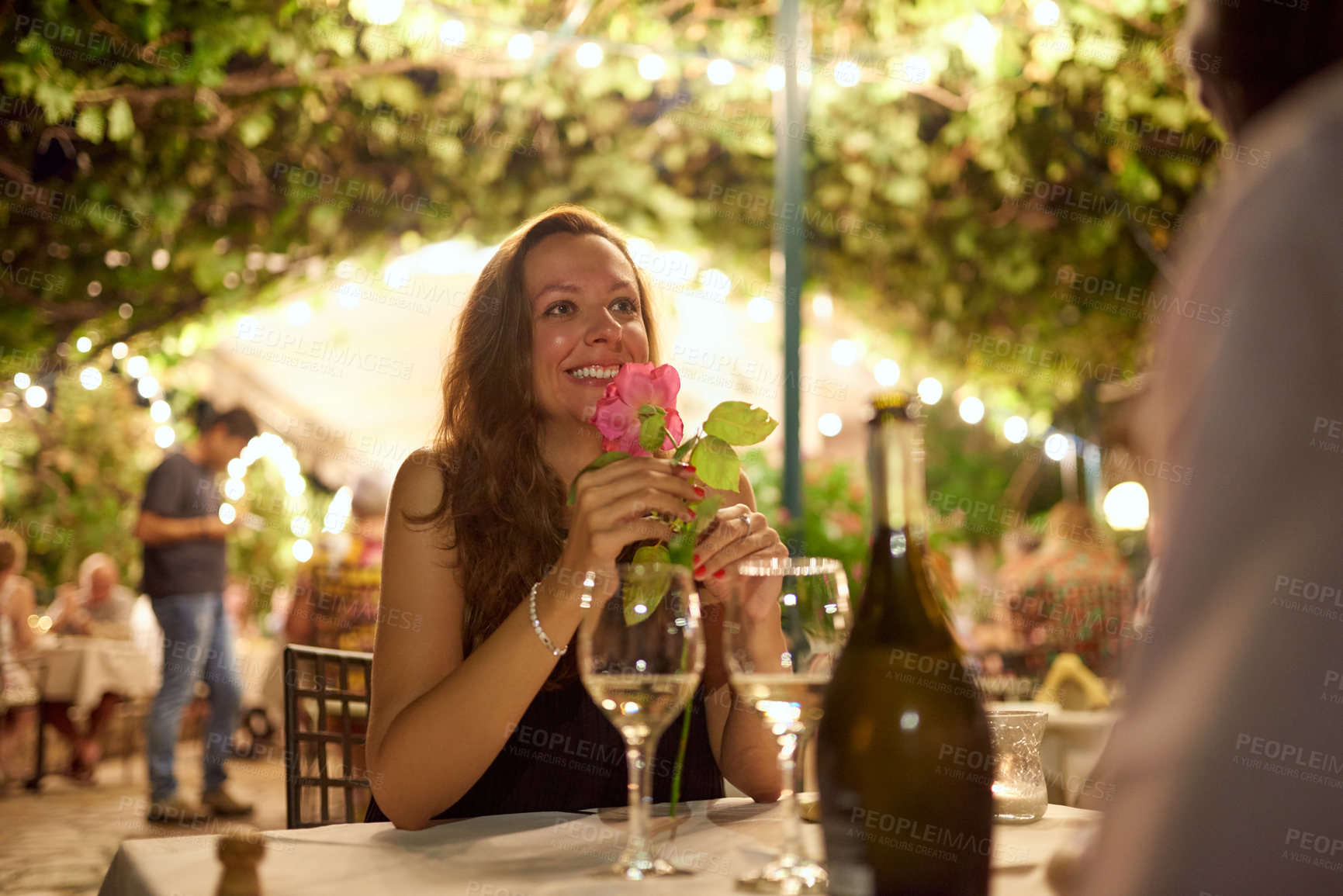 Buy stock photo Shot of a woman receiving a rose from her date while at a restaurant