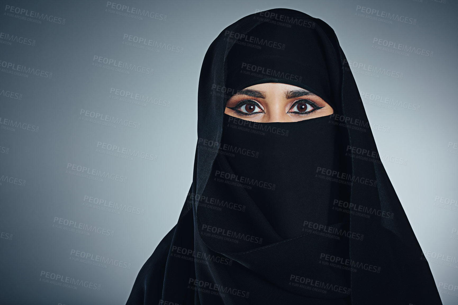 Buy stock photo Studio portrait of a young muslim businesswoman against a grey background