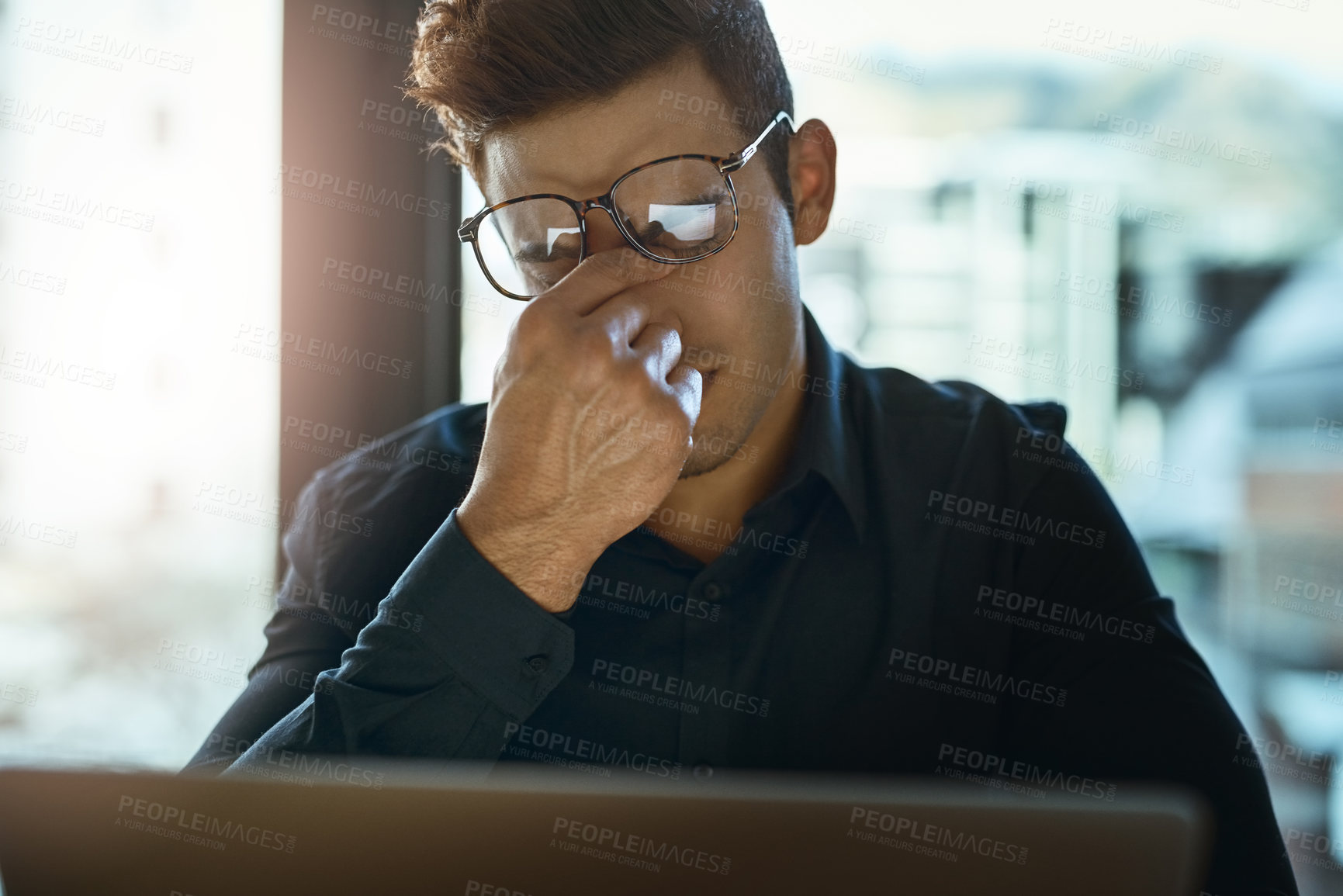 Buy stock photo Headache, stress and tired businessman on laptop for deadline, project and online report in office. Corporate demand, eye strain and exhausted administrator with fatigue, glasses or pressure