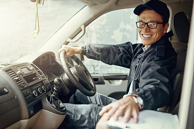 Buy stock photo Portrait of a courier making deliveries in his van