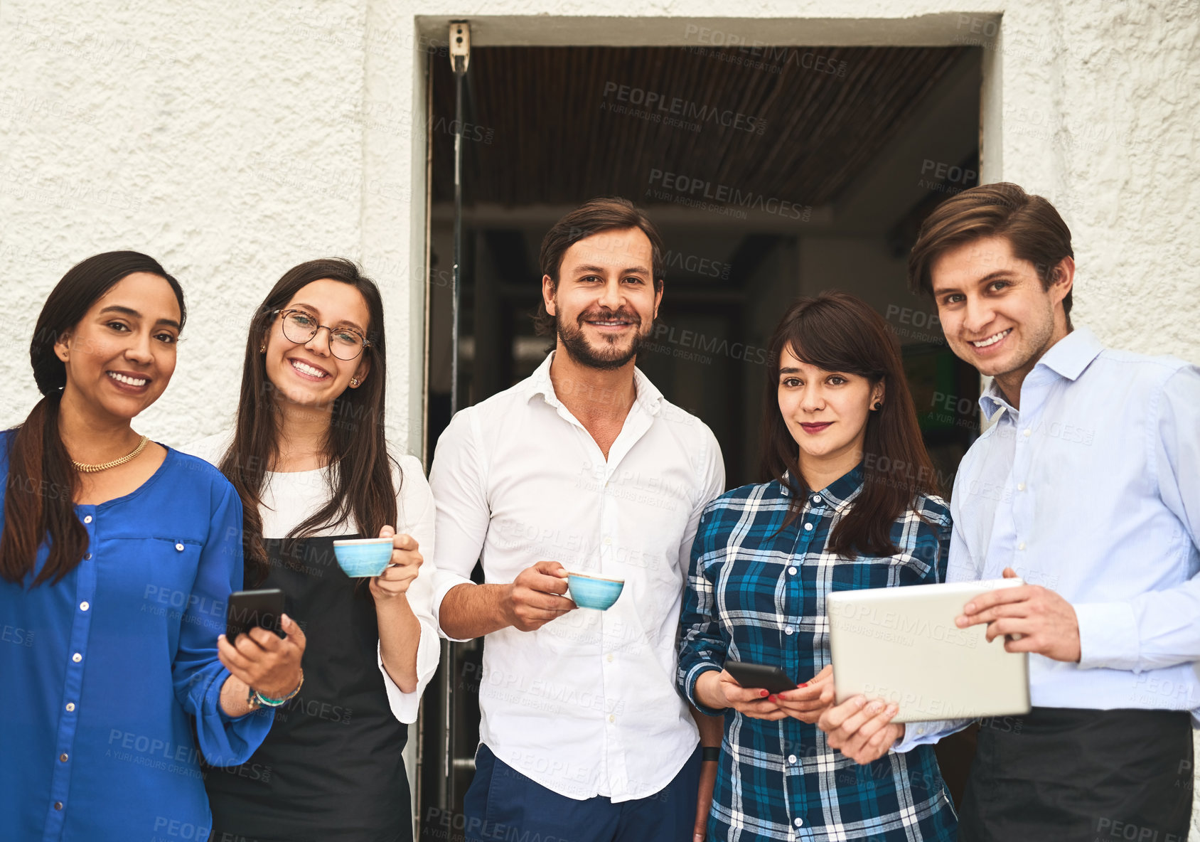 Buy stock photo Business people, portrait and outside coffee shop for welcome, tea and team with tech for service. Employees, bistro entrance and together for hospitality, support and collaboration at restaurant