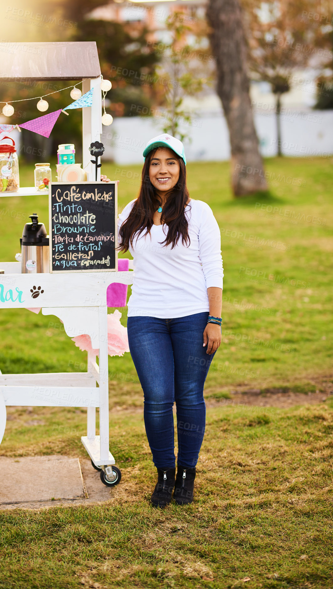 Buy stock photo Portrait, smile and woman with small business, outdoor and proud of stall, entrepreneur and confident. Street, happy and person with startup and mobile coffee cart in morning and girl in Mexico