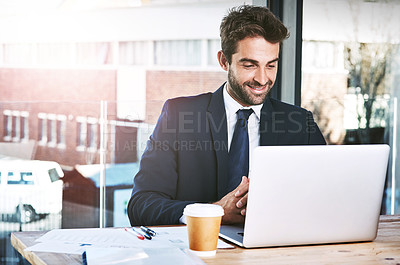 Buy stock photo Laptop, planning and business man in office for online management, research and company software or website. Happy, corporate and workplace of professional person reading email or working on computer