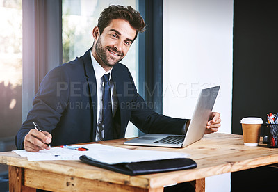 Buy stock photo Portrait, computer and businessman with paperwork for signing, reading and document in office. Contract, project agreement and consultant with new opportunity, deal or laptop to connect in workplace
