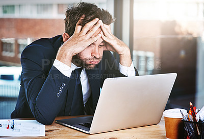 Buy stock photo Business man, stress and frustrated for computer news, debt review and finance report, budget risk or job anxiety. Crisis, problem and mistake, glitch or burnout accountant person working on laptop