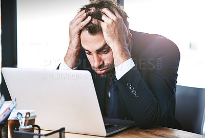 Buy stock photo Stress, frustrated and business man on laptop of news, debt review and finance report, budget risk or job anxiety. Crisis, problem and mistake, glitch or burnout of accountant person fail on computer