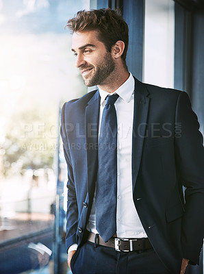 Buy stock photo Businessman, thinking and standing in office for view as project manager with vision, planning and ideas for a startup business. Confident, male and brainstorming for information on decisions 