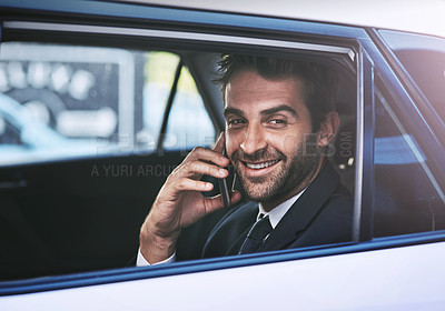 Buy stock photo Phone call, smile and business man in car, travel or listening on journey in transport. Cellphone, taxi and male professional calling, happy and communication, discussion or conversation with contact