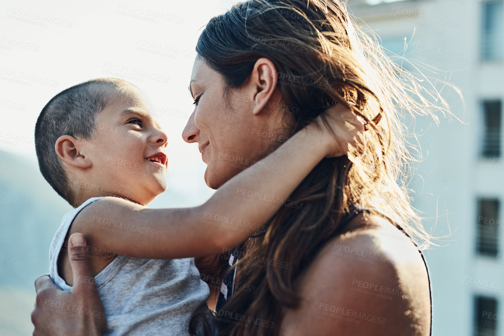 Buy stock photo Outdoor, son and hug mama in nature, connection and love for mother in backyard of family home. Mom, boy talking and trust parent for attention or affection, conversation and support kid with care