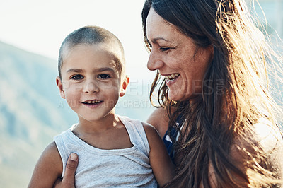 Buy stock photo Outdoor, son and hug mama in portrait, connection and love for mother on holiday in Switzerland. Mom laughing, boy and trust parent for attention or affection, conversation and support kid with care