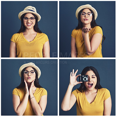 Buy stock photo Composite shot of a young woman in different poses against a blue background