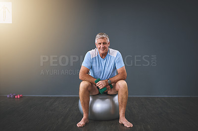 Buy stock photo Full length portrait of a handsome senior man doing rehabilitative exercises
