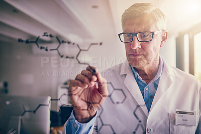 Buy stock photo Serious, man and scientist drawing on glass, science and molecular compound for medicine and healthcare. Lab, medical and research by mature person with glasses and planning for physics of formula