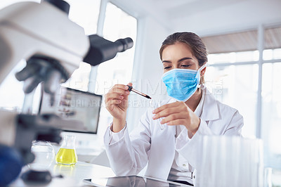 Buy stock photo Vial, blood and woman in laboratory for science breakthrough, clinical trial or discovery. DNA, medical testing or face mask for vaccine research with scientist for mpox cure or disease development