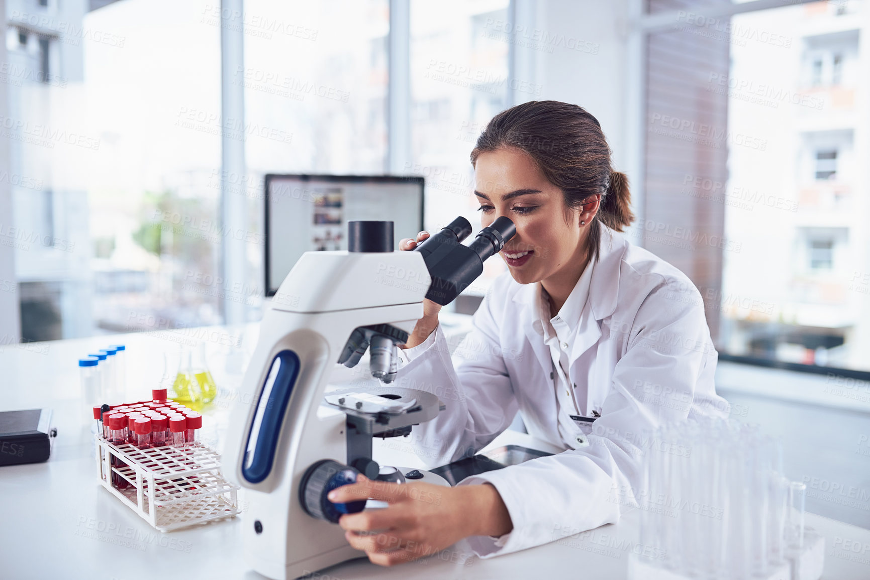 Buy stock photo Science, research and woman with a microscope, analysis and healthcare with results, technology and experiment. Female person employee or researcher with lab equipment, career and medicine innovation