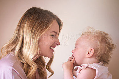 Buy stock photo Smile, mother and holding baby for playful moment, bonding together and family security at house. Woman, silly game and child with love, connection support and explore learning for growth development