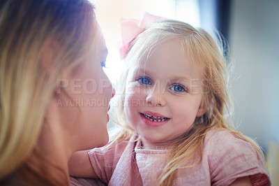 Buy stock photo Home, mother and girl in portrait with smile, connection and bonding together for child development. House, mama and happy kid with love embrace for caring, relationship and parent for motherhood