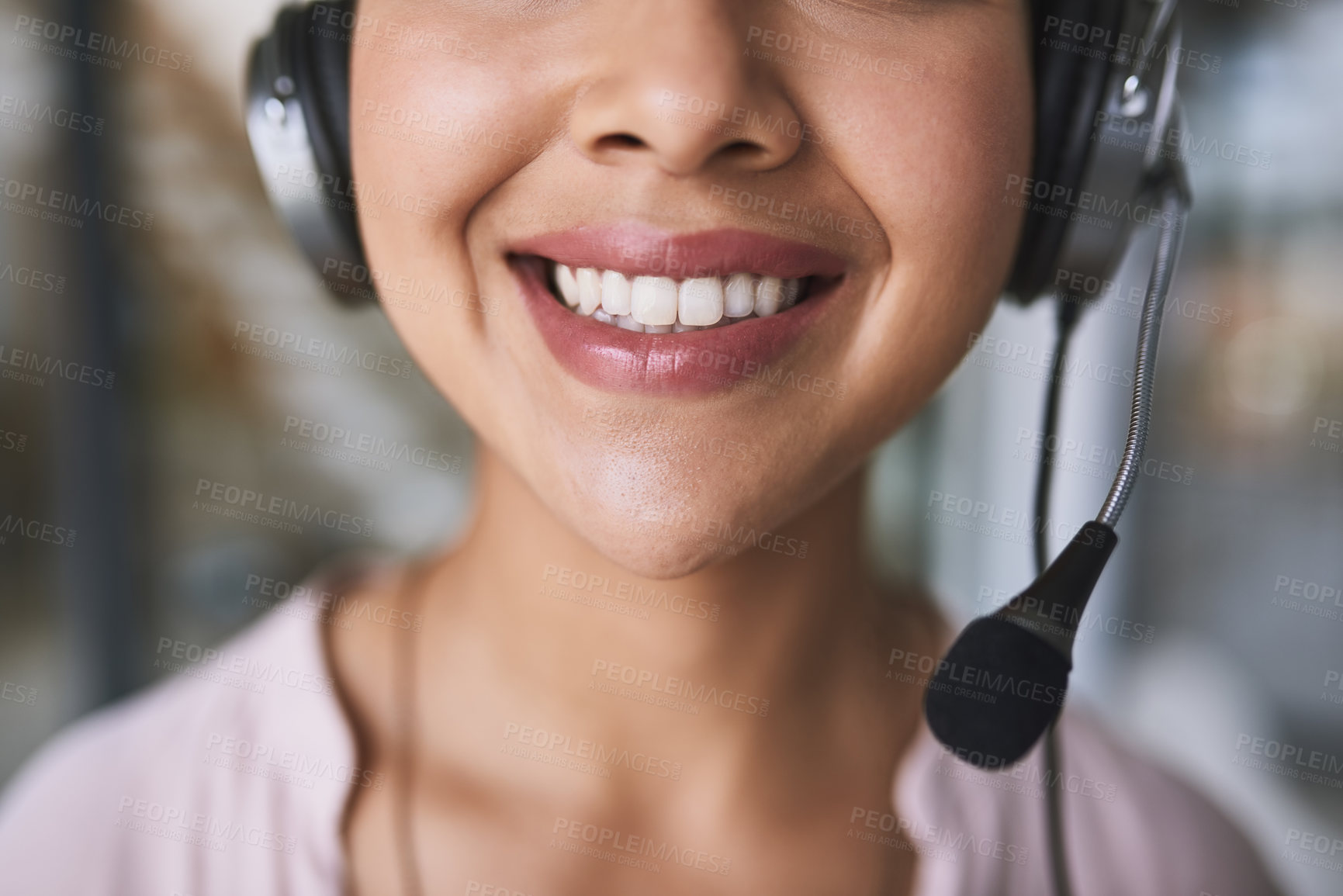 Buy stock photo Cropped shot of a cheerful unrecognizable businesswoman talking to customer using a headset