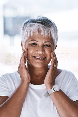 Buy stock photo Beauty, portrait and glow with senior woman in bathroom for anti aging, collagen and wrinkles treatment. Skincare, cosmetics and lotion with mature person at home for smile, dermatology and sunscreen