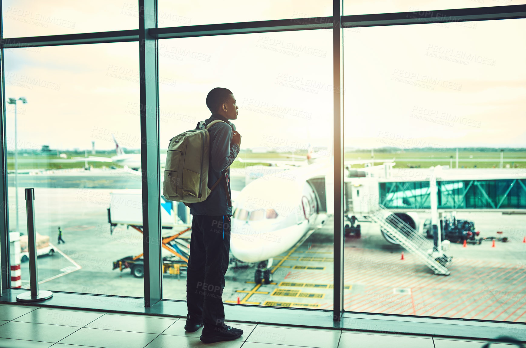 Buy stock photo Window, back and person in airport with backpack, thinking and sad for move in California and immigration. Lobby, consider and contemplating of decision, choice and admission to international college