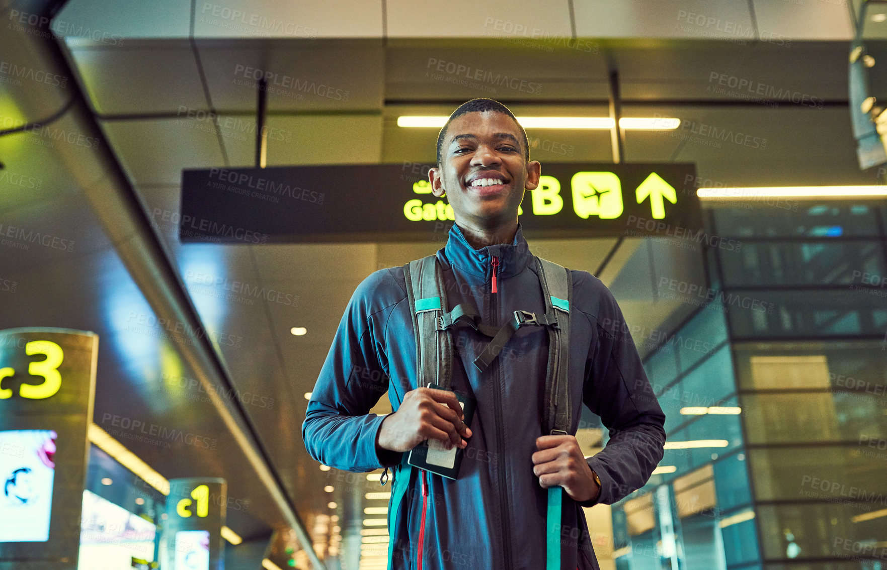 Buy stock photo Portrait, black man and smile in airport with backpack, international and flight to New Jersey for adventure. Trip, holiday and person with luggage, happy and vacation in USA, guy and tourist