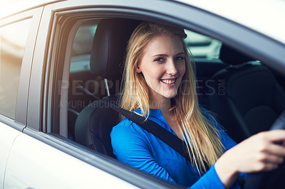 Buy stock photo Portrait, smile and woman driving car for travel, journey and transportation. Face, happy and female person in vehicle, automobile and motor transport driver for traveling, road trip drive and moving