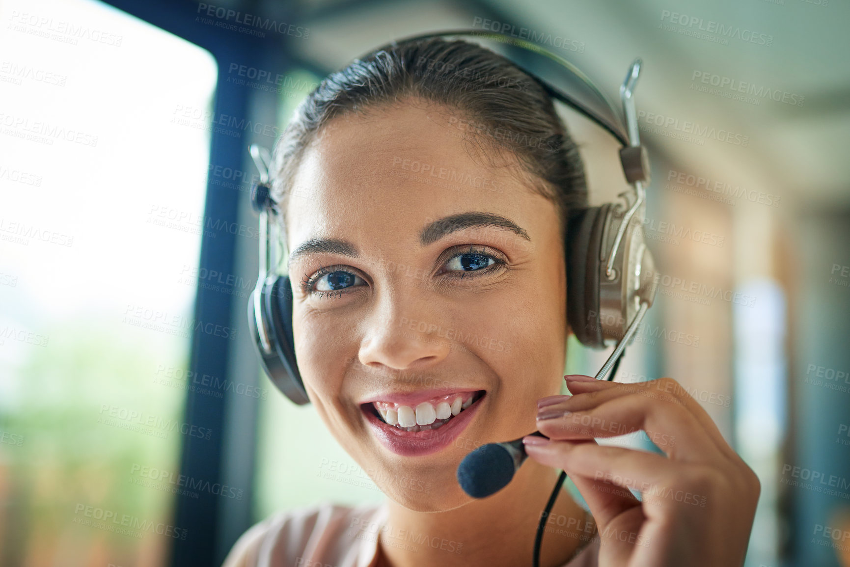 Buy stock photo Happy woman, call center and portrait with headphones in customer service and telemarketing at office. Face of female person, consultant and agent smile with headset mic to contact us for sales