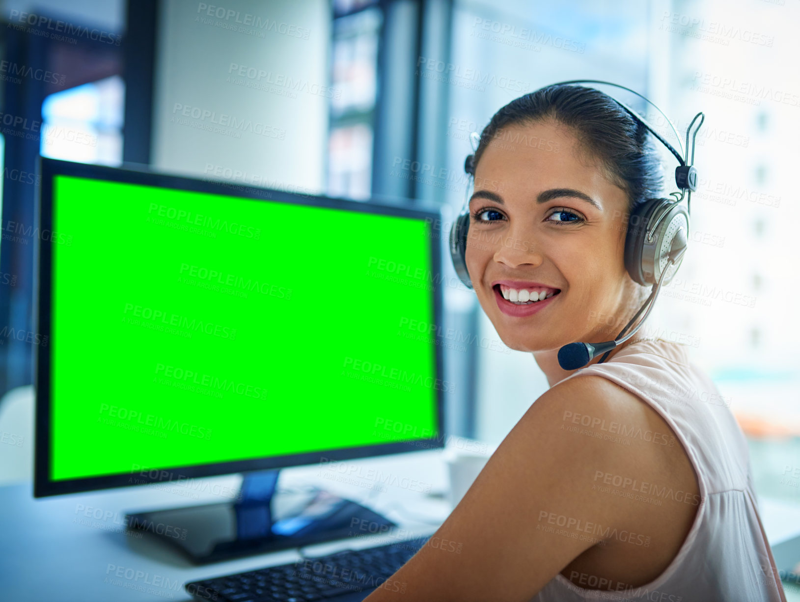 Buy stock photo Happy woman, call center and green screen on computer for telemarketing or customer service at office. Portrait of female person, consultant or agent smiling on PC with chromakey or mockup display