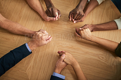 Buy stock photo Diverse people holding hands in teamwork, success and support while showing solidarity, trust and office unity. Above view of business team, men and women standing together for equal workplace rights