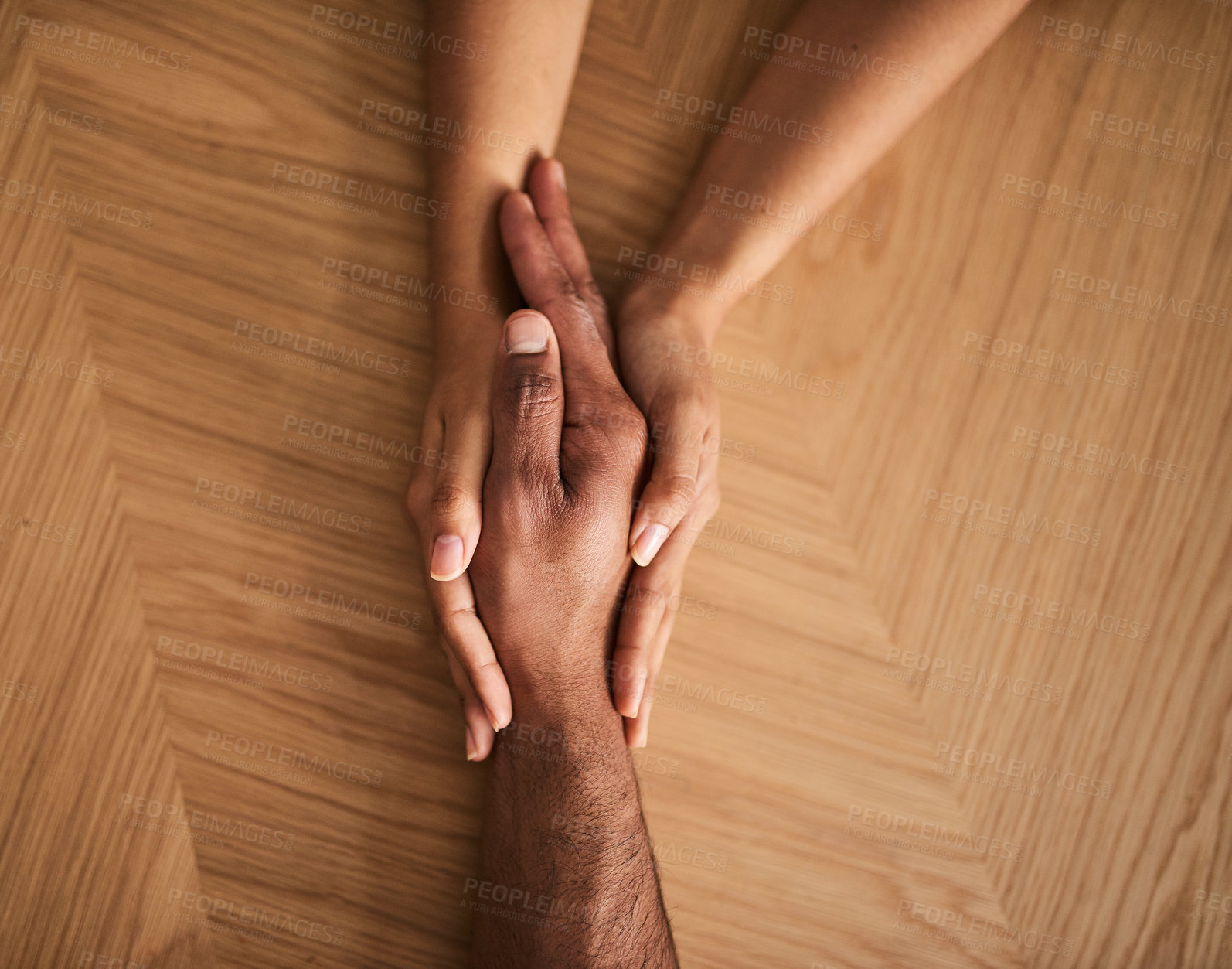 Buy stock photo Care, kindness, support with two people holding hands while sitting and talking together. Above affectionate couple, showing trust and forgiveness while bonding and discussing their relationship