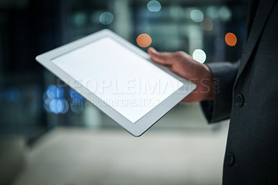 Buy stock photo Tablet with blank screen and copy space for a company website, marketing and startup promotion. Closeup of business man hand holding, searching online and browsing social media on office technology