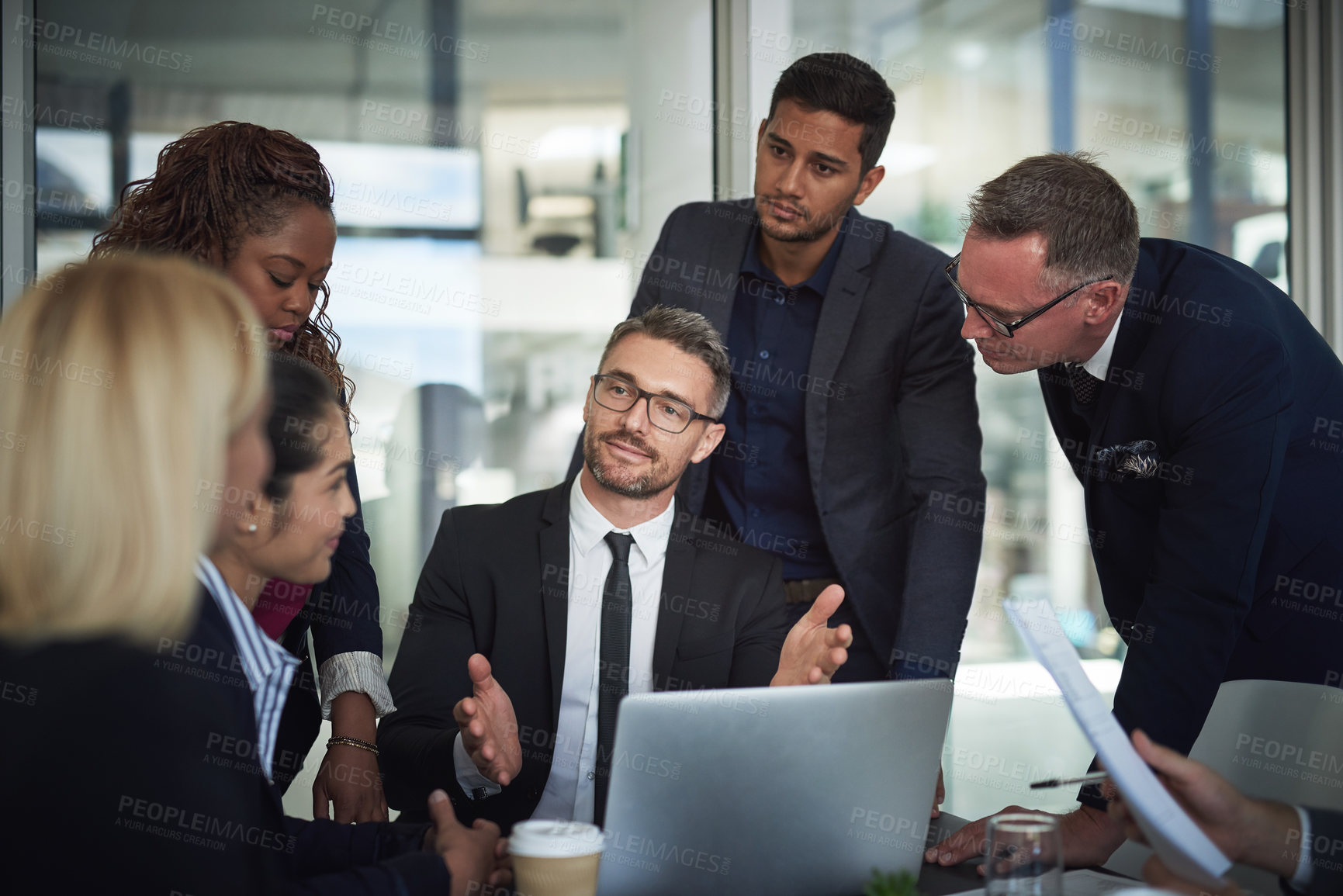 Buy stock photo Business people, attorney and laptop in meeting for legal solution, leadership and collaboration at law firm. Talking, teamwork or lawyer in discussion for feedback, planning or project in corporate