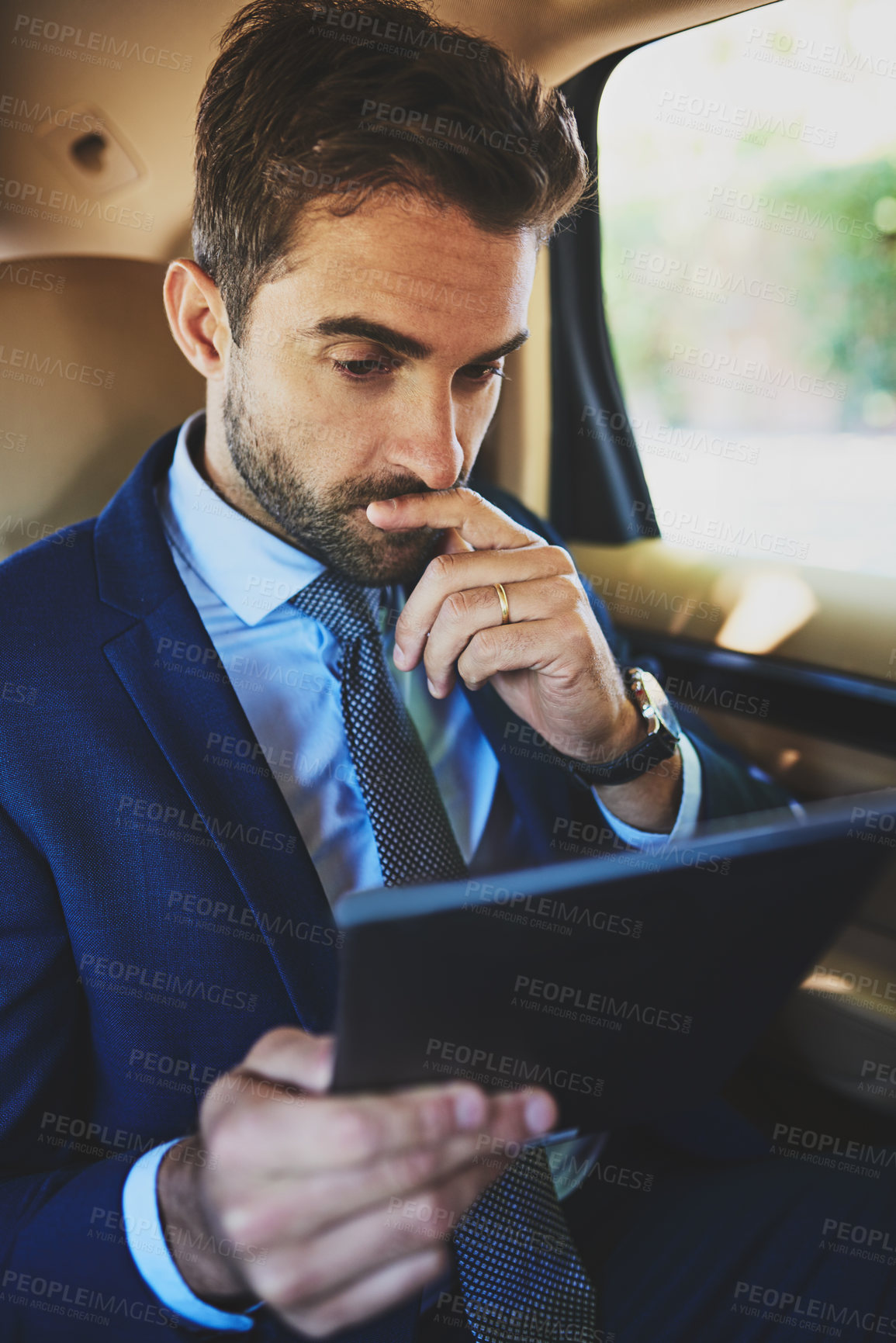 Buy stock photo Man, travel and professional on tablet in car, passenger commute and online for financial trading. Male person, accountant thinking and transport journey in vehicle, investor and trip to workplace