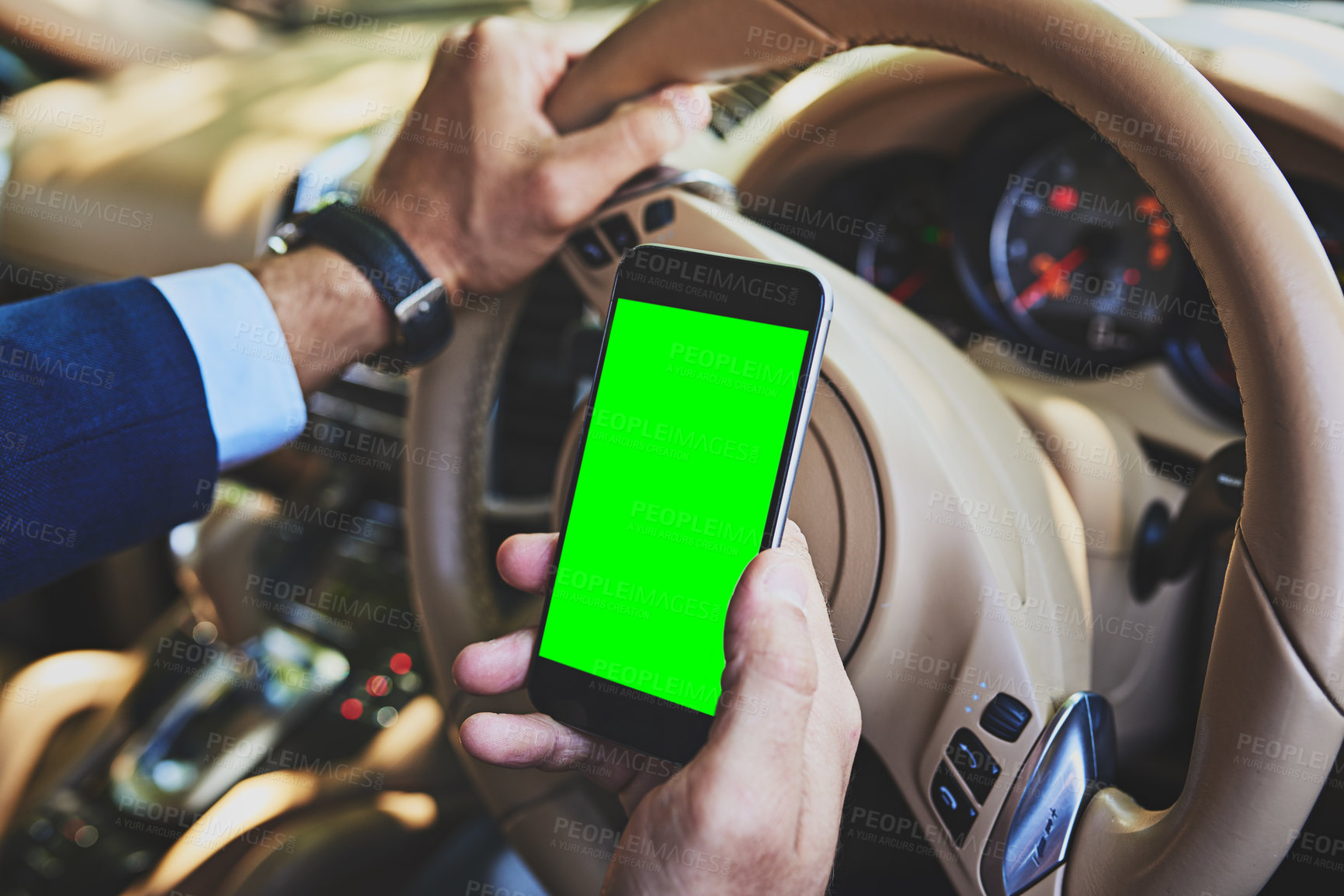 Buy stock photo Green screen, mobile and hand of person in car for location, search map or check destination. Mockup, navigation and driver with commute for traffic notification, direction or travel route in vehicle