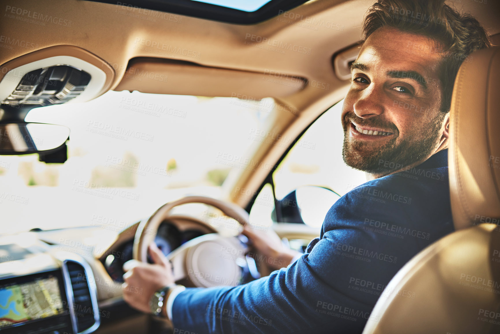 Buy stock photo Businessman, portrait and travel in car to work, morning commute and online navigation system. Male person, driver and business trip to meeting in urban city, motor vehicle and journey to office