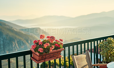 Buy stock photo Background shot of a beautiful  landscape from a balcony in the mediterranean during the day