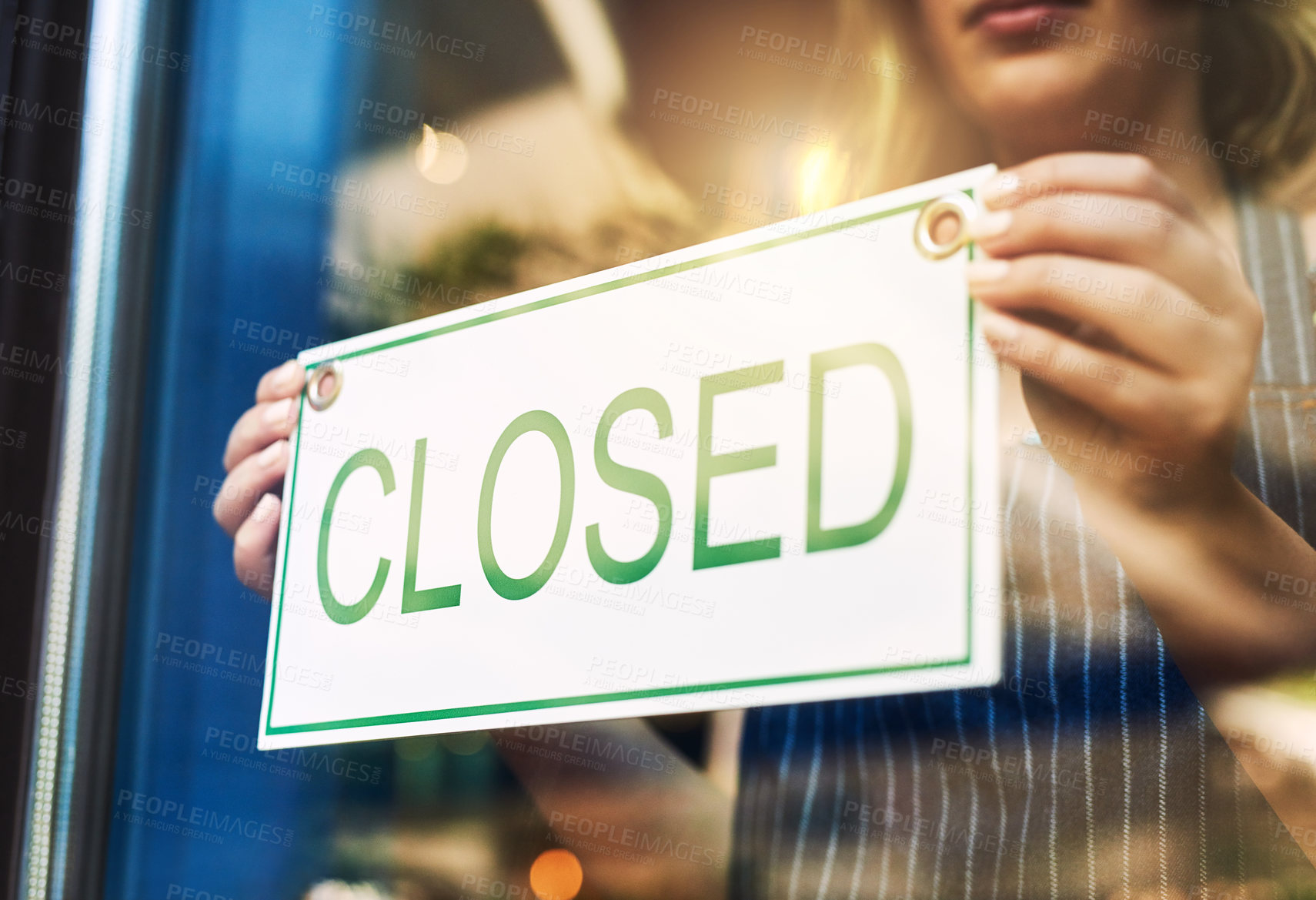 Buy stock photo Hands, woman and window with closed sign at cafe as waitress with information for customer service. Closeup, barista and serious at door with board for announcement at coffee shop or restaurant