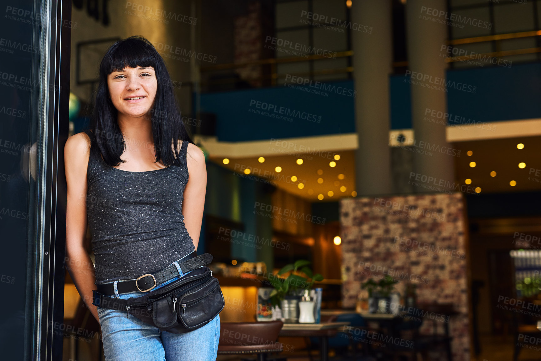 Buy stock photo Small business, entrance or portrait of happy woman at restaurant as female bartender in service industry. Entrepreneur, friendly waitress or proud barista in bar by door ready to welcome in Spain