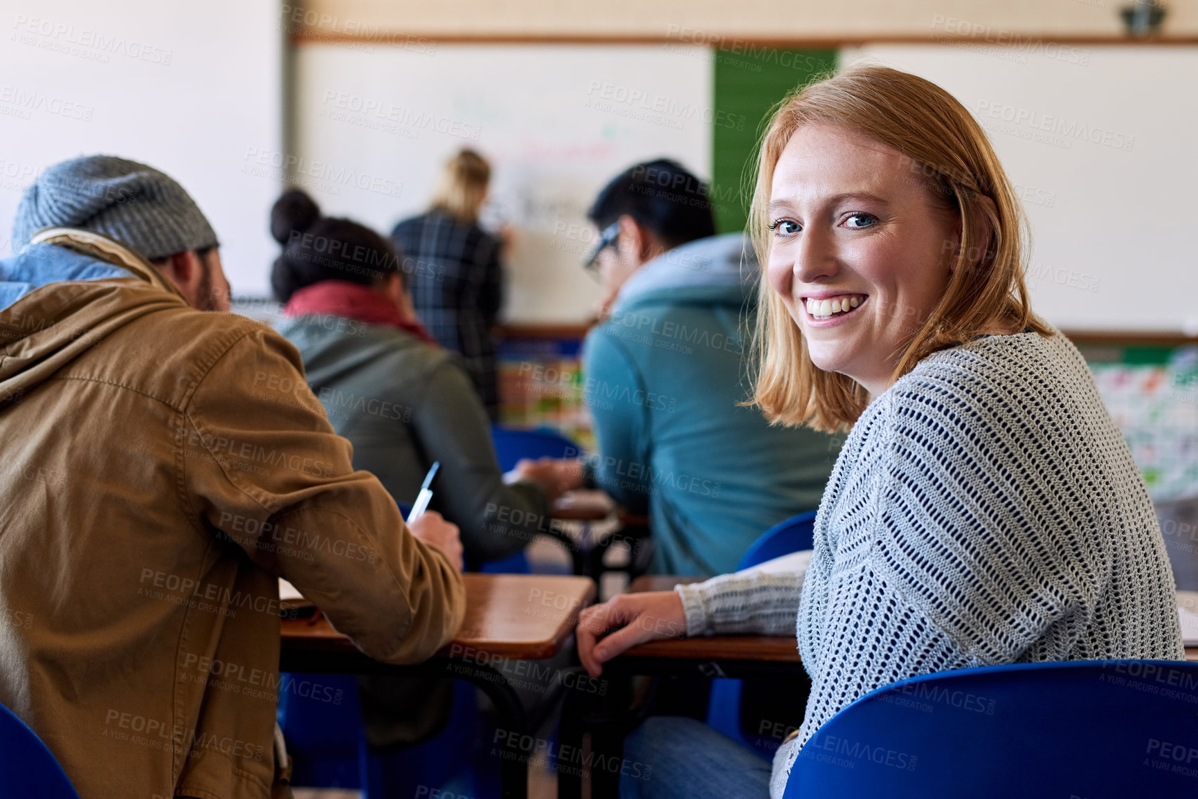 Buy stock photo Happy, portrait and woman as university student for classroom, lecture and studying with back. Female person, smile and scholarship for education, knowledge and learning in college or campus