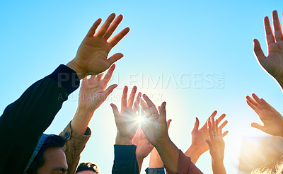 Buy stock photo Cropped shot of a group of unrecognizable people's hands outside
