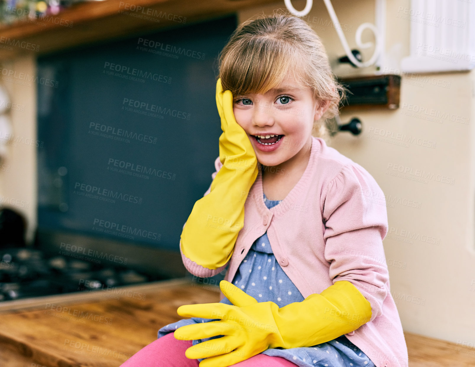 Buy stock photo Surprise, rubber gloves and portrait of child cleaning in home for learning, development or growth. Shock, housekeeping and excited girl kid with happiness for sanitizing germs, dirt or bacteria.