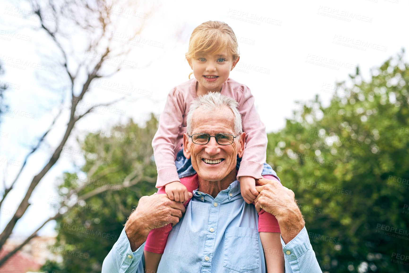 Buy stock photo Portrait, grandfather or child outdoor on shoulder for bonding, connection or playful with smile. Happy family, grandpa or girl in Australia for vacation, holiday or weekend games with energy in park