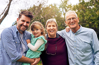Buy stock photo Outdoor, happy and portrait of big family with hug, connection and bonding together for people with smile. Grandparents, father and children in nature on vacation, weekend holiday and love in Germany