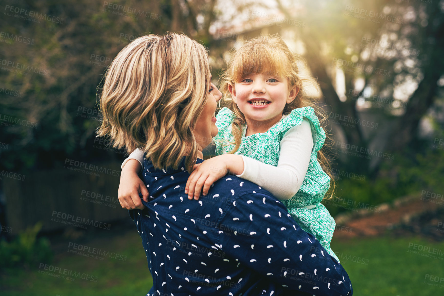 Buy stock photo Mother, girl and smile at home in garden for fun, bonding and care on break for child development or growth. Parent, kid and happy with playing outdoor, relax and chill for support in France