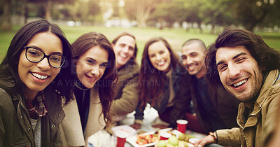 Buy stock photo Shot of young friends having a picnic outside