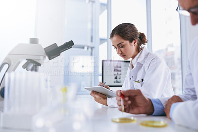 Buy stock photo Shot of two scientists working in a lab