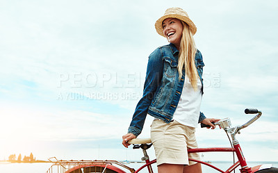 Buy stock photo Woman, bicycle and travel with smile for holiday, transport and weekend health outdoor. Happy, female person and tourist with cycling, vacation or activity on bike for wellness, adventure or break